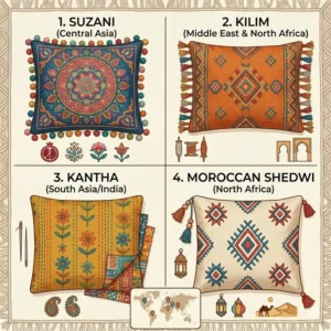 Graphic highlighting the global design influences behind colorful boho pillows and textiles.