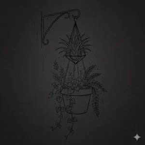 Minimalist line art of trailing ivy and ferns in terracotta pots for dark boho decor.