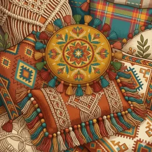 Close-up artistic view of decorative tassels and fringe details on colorful boho throw pillows.