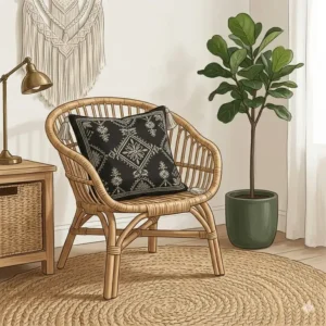 Illustration 6: Cozy living room setup with a rattan chair and a stylish black boho pillow.