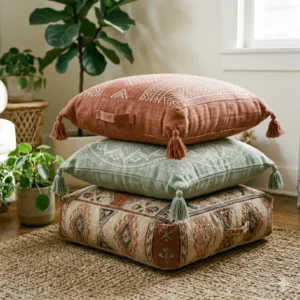 Three square boho floor cushions neatly stacked in a corner to demonstrate space-saving storage.