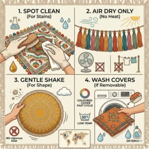 Care and maintenance icons for cleaning colorful boho pillows with delicate embroidery and tassels.