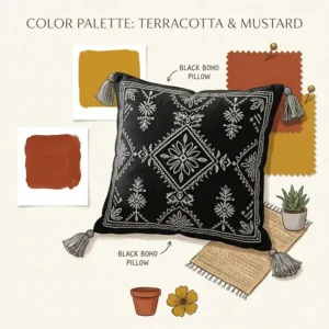 Illustration 7: Interior design color palette featuring a black boho pillow with terracotta and mustard accents.