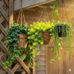 Sun-loving evergreen outdoor hanging plants basking in natural light on a bright porch.