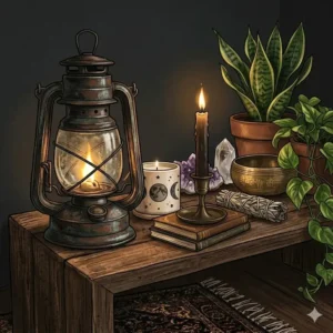 Moroccan style black metal lanterns and burning candles creating a cozy dark boho atmosphere.