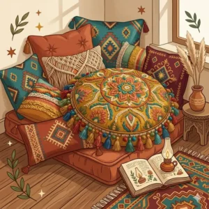 A comfortable floor seating area in a reading nook filled with oversized colorful boho throw pillows.