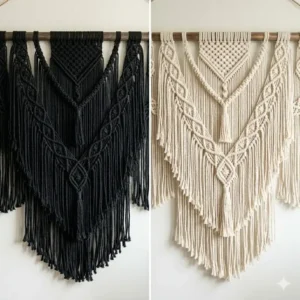 Comparison of a modern black macrame wall hanging and a traditional cream fiber art piece side-by-side.