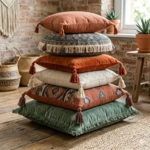 A bright and safe kids' playroom floor covered with soft boho floor pillows for a fun seating area.