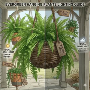An illustration comparing low-light and bright-light evergreen hanging plants to help gardeners choose the right location.