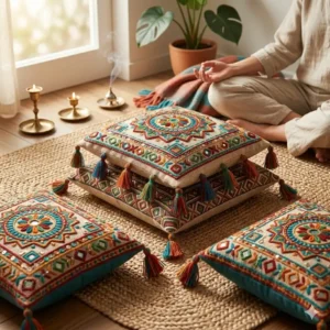 A peaceful zen space layout using large bohemian floor cushions as meditation bolsters.