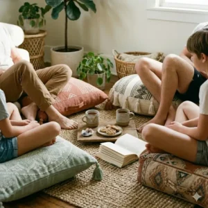 Casual floor seating arrangement using boho floor cushions for a relaxed social gathering in a studio apartment.