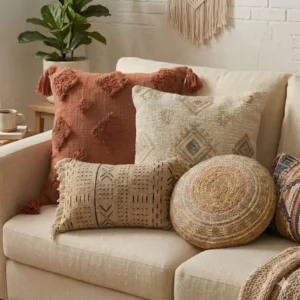 Various shapes of boho throw pillows for a couch including round tufted cushions and long lumbar pillows.
