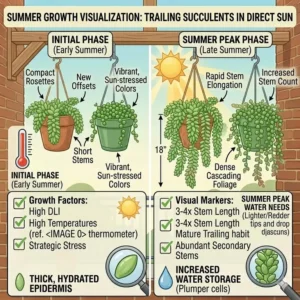 Growth visualization of trailing succulents and common hanging plants direct sunlight over a season.
