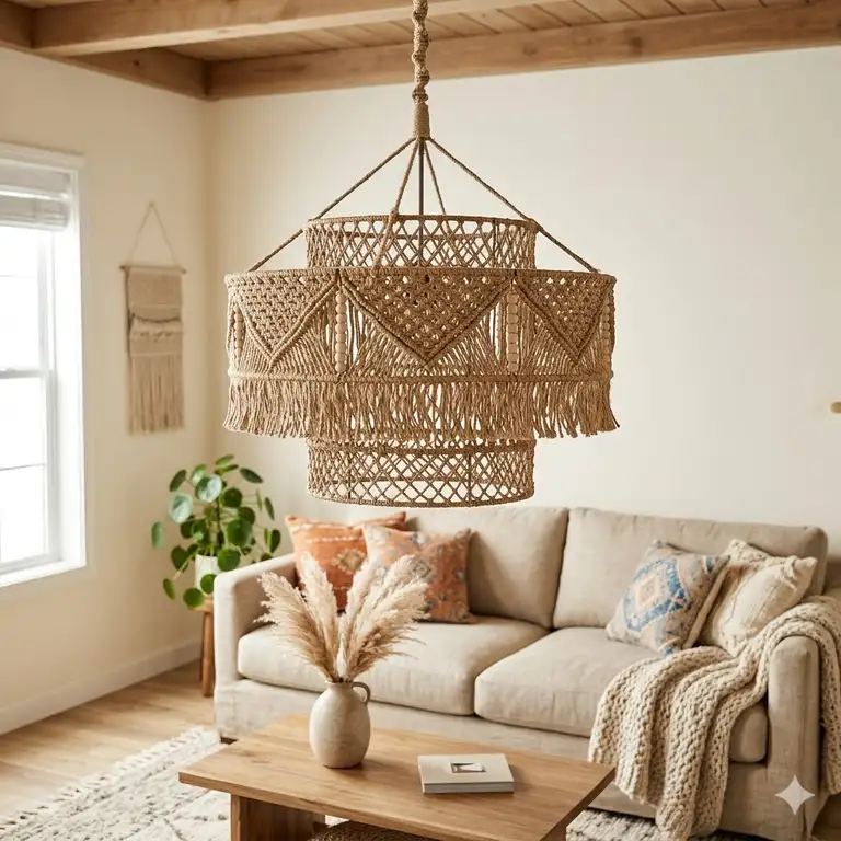 A large hand-woven rattan bohemian light fixture hanging over a neutral-toned living room set.