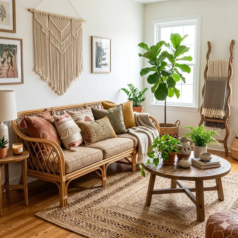 A beautifully styled living room featuring a complete set of boho furniture for sale with rattan and natural wood elements.