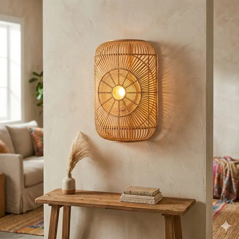 A large, intricate woven rattan boho sconce casting warm ambient light against a neutral textured wall in a styled living room.