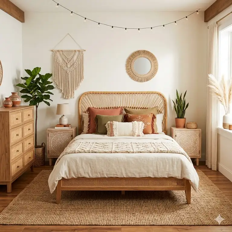 Featured Image: A complete boho bedroom furniture set featuring a light oak bed frame, rattan headboard, and matching carved wood nightstands in a sunlit room.