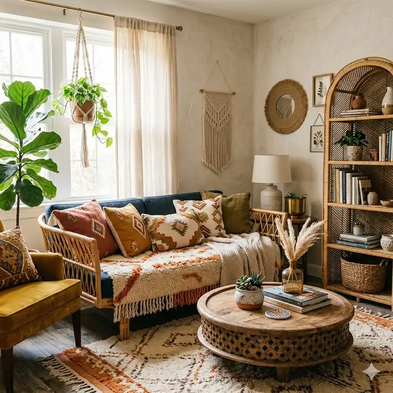 Featured Image: A sun-drenched living room featuring boho look furniture, including a rattan sofa, textured throw pillows, and a carved wooden coffee table.