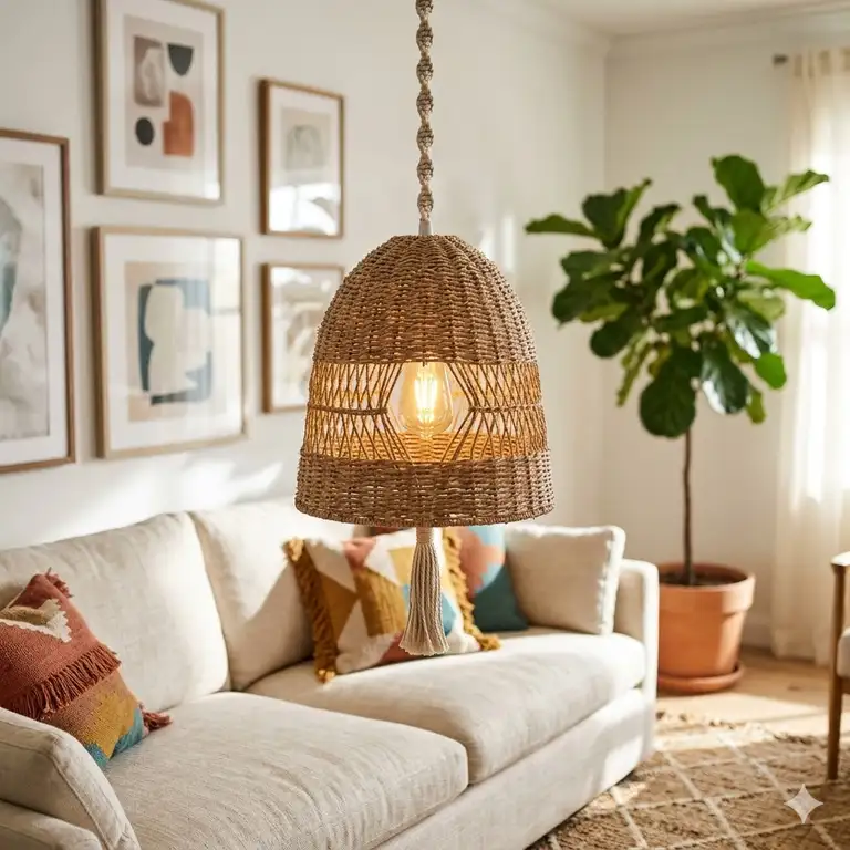 A large hand-woven bohemian pendant light hanging over a neutral-toned sofa in a sunlit living room.