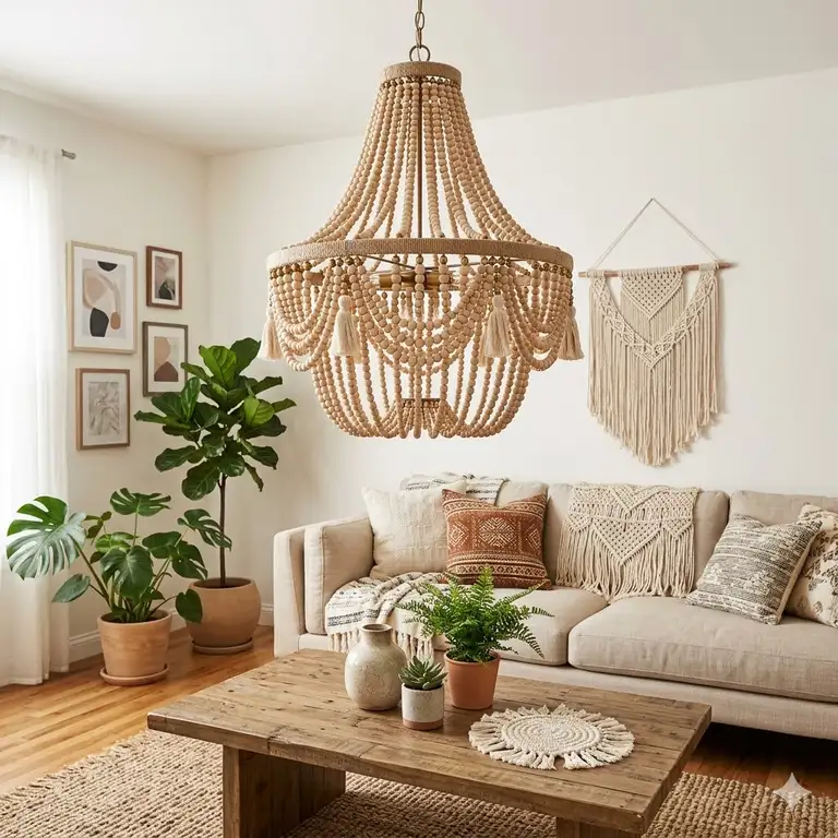 A large beaded bohemian chandelier hanging in a bright, modern living room with macrame decor and indoor plants.