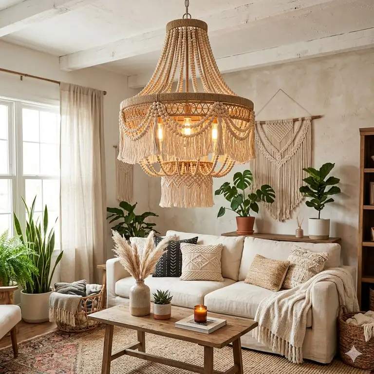 A large beaded boho chandelier hanging in a bright, modern living room with earthy tones and indoor plants.