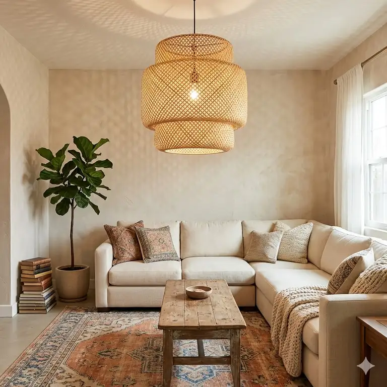 A cozy living room featuring a large tiered rattan pendant light as a centerpiece of boho lighting.