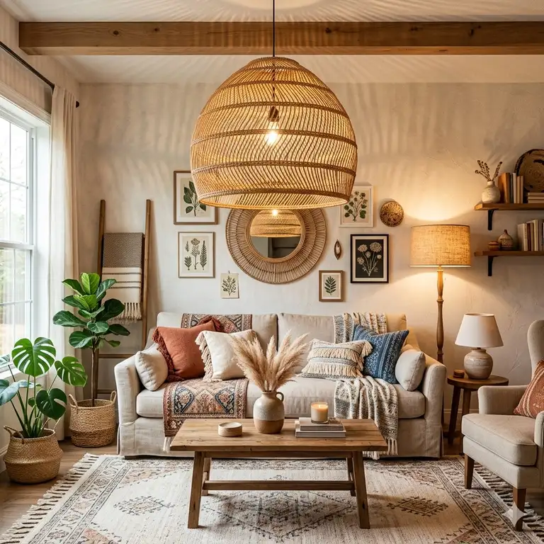 A cozy living room featuring layered boho style lighting with a large oversized rattan pendant light and warm floor lamps.