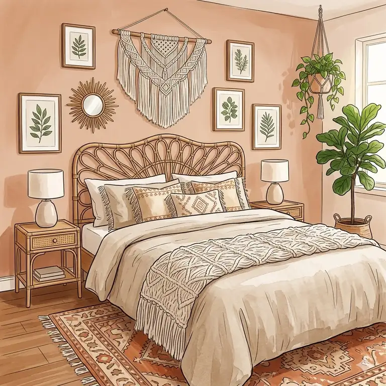 A complete luxury boho chic bedroom set featuring a rattan bed and macrame decor.