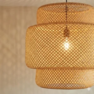 Close-up of a hand-woven rattan pendant providing warm and natural boho lighting in a room.