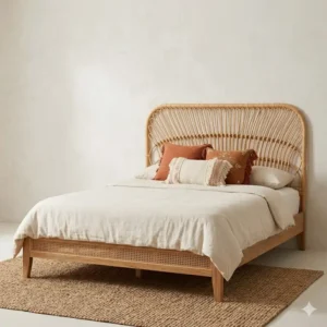 Illustration 1: Close-up of a queen-sized rattan bed frame from a boho bedroom furniture set with neutral linens.