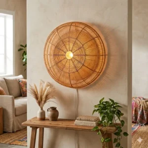 Illustration of a cylindrical bamboo boho sconce with light filtering through handcrafted slats to create decorative shadows.