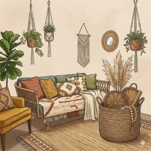 Illustration 1: Showcase of natural materials used in boho look furniture such as woven rattan and braided jute textures.