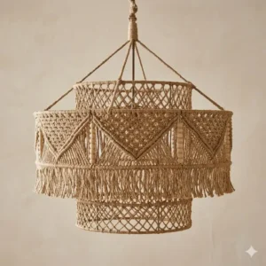 Intricate cream macrame pendant bohemian light fixture showing textile details and fringe.