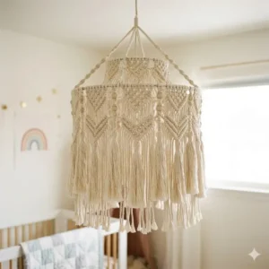 Cream-colored macrame bohemian chandelier with long cotton tassels for a boho-style nursery.