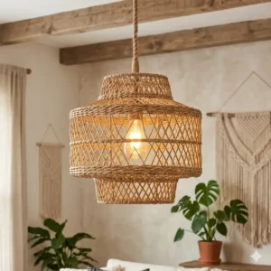 Hand-woven rattan boho chandelier with an intricate basket weave design.