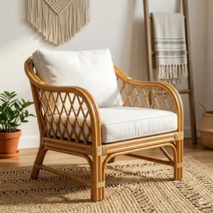 A vintage-inspired rattan accent chair with a white cushion, part of our collection of boho furniture for sale.