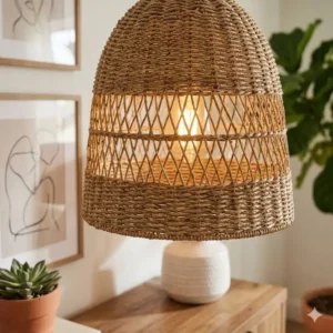 Close-up detail of the intricate rattan weaving on a dome-shaped bohemian pendant light.