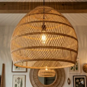 Close-up of a hand-woven rattan pendant light fixture showcasing intricate boho style lighting textures.