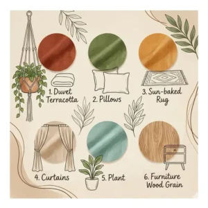 Detailed color palette illustration for a modern boho chic bedroom set.