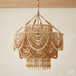 A wood-beaded bohemian light fixture chandelier in a soft white nursery with natural wood accents.