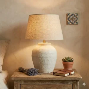 A textured ceramic table lamp with a linen shade representing classic boho lighting style.