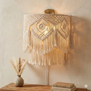 A decorative bohemian style wall lamp featuring a cream-colored macramé fringe boho sconce with brass hardware details.