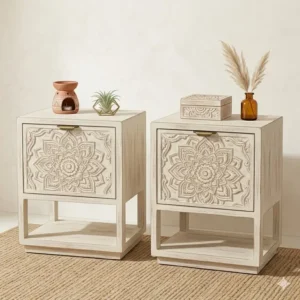 Illustration 2: Pair of distressed white wood nightstands with mandala carvings, part of a boho bedroom furniture set.