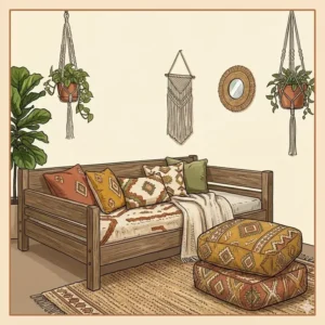 Illustration 2: A line art drawing of low-profile boho look furniture featuring oversized floor poufs and a minimalist wooden bed frame.