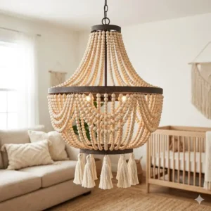 Multi-tier bohemian chandelier made of natural wood beads draped over a rustic metal frame.