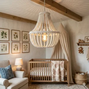 A nursery decorated with a white wood bead chandelier, a popular choice for boho style lighting.