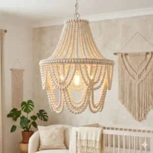 White wood beaded boho chandelier installed in a neutral-themed baby nursery.