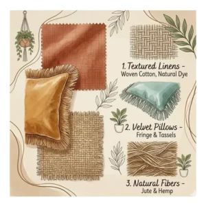 Close-up illustration of the fabric textures included in this boho chic bedroom set.