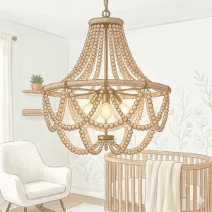 Natural bamboo dome-shaped bohemian light fixture casting geometric shadows on a wall.