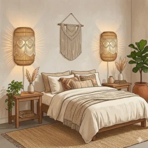 Illustration showing a pair of boho sconce units mounted above bedside tables in a cozy, plant-filled bedroom.